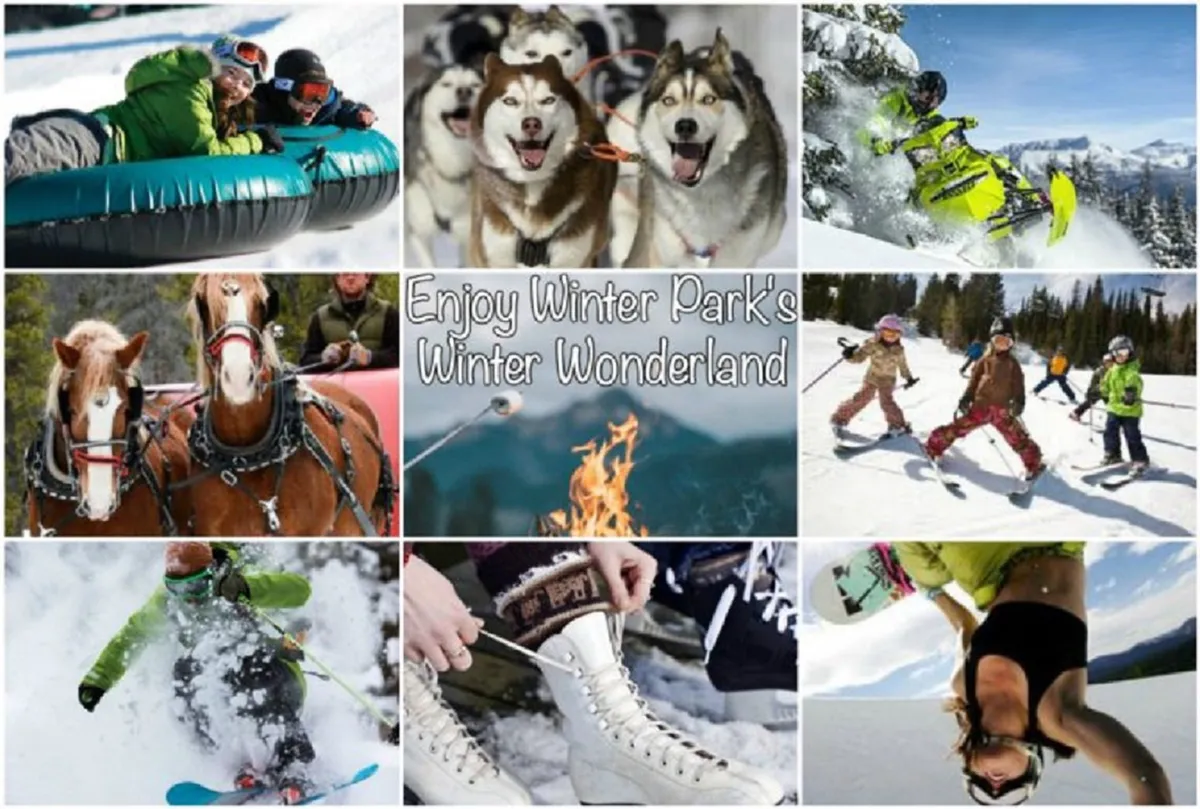 A winter wonderland scene bustling with energy, featuring people tubing, huskies ready for dog sledding, snowmobiles racing over snow, a horse-drawn sleigh, children learning to ski, ice skates, campfire gatherings, and skis and snowboards lined up. The snowy landscape and active figures highlight Winter Park’s appeal as a year-round destination.