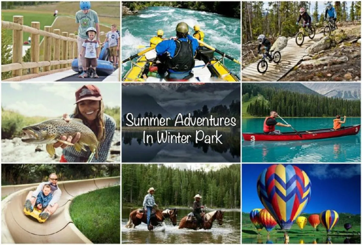 A lively outdoor scene showcasing families and adventure seekers participating in a variety of warm-weather activities—children tubing down a river, groups white-water rafting, mountain biking, fishing, horseback riding, kayaking, and colorful hot air balloons soaring above. The natural mountain and water backdrop conveys the thrill and diversity of available experiences.