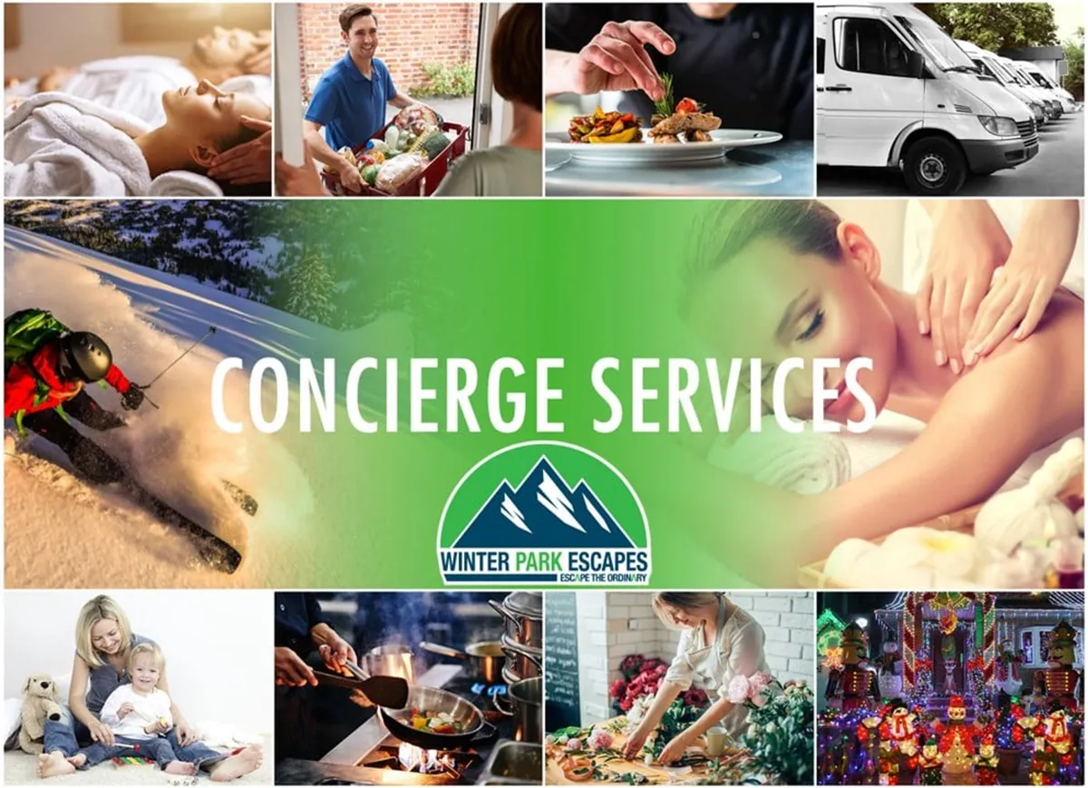 A collage-style interior scene intertwining spa treatment, food delivery, skiing, family time, cooking, and festive decorations. The visual narrative connects indoor comfort and activities with the excitement of outdoor adventure, family bonding, and seasonal celebrations.